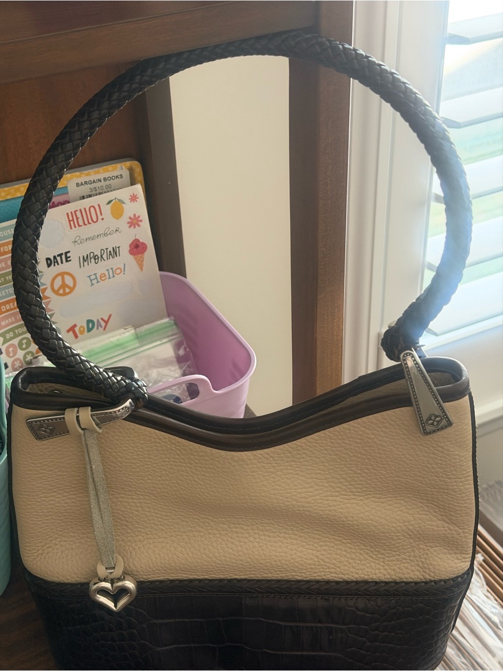 Cream and Black Two-Tone Women’s Shoulder Bag with Braided Handle